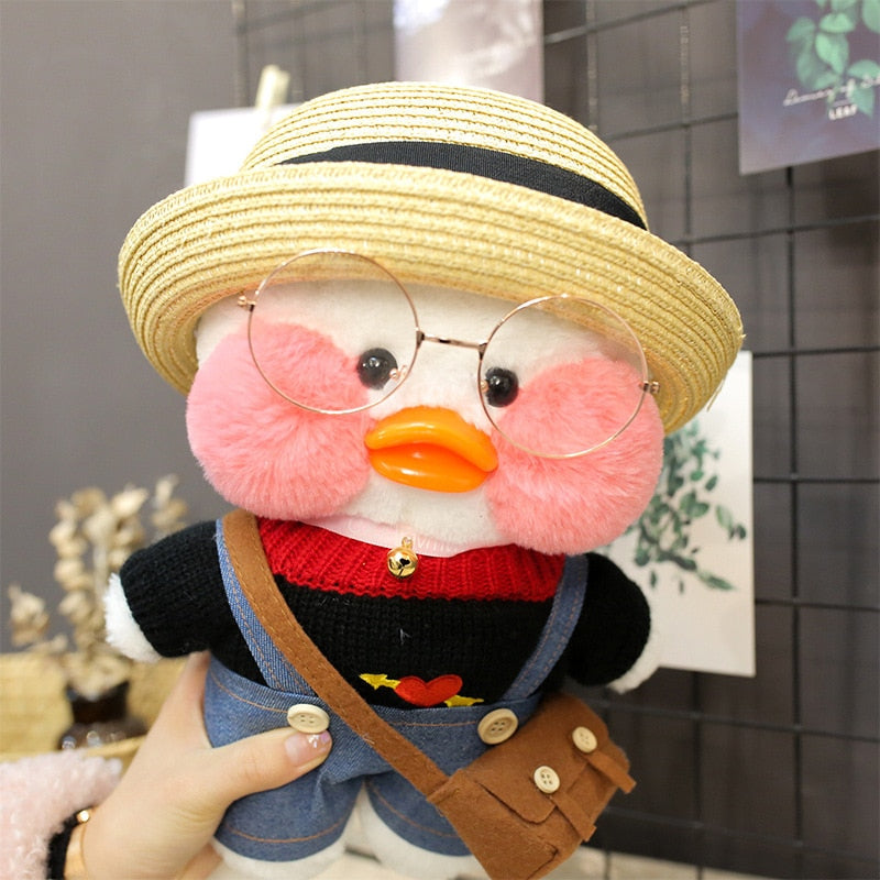 Pato Lalafanfan Branco Paper Duck de pelúcia com roupas e acessórios Conjunto chapéu de palha - Pronta entrega