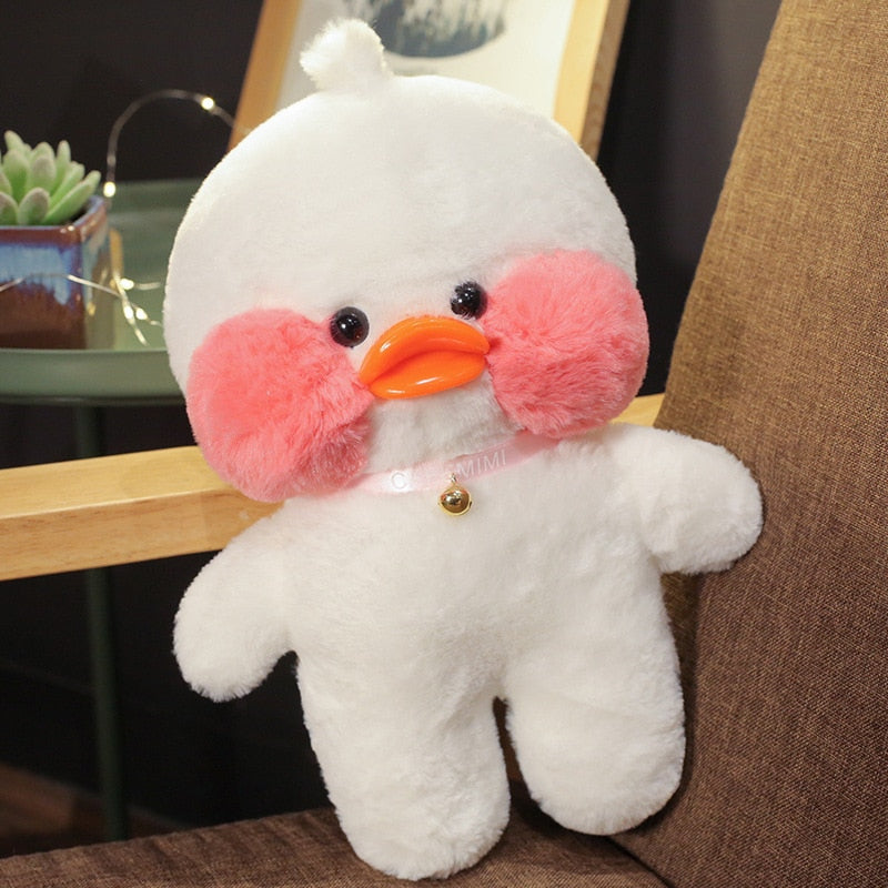 Pato Lalafanfan Branco Paper Duck de pelúcia com roupas e acessórios Conjunto rosa e cinza com orelhas de coelho - Pronta Entrega