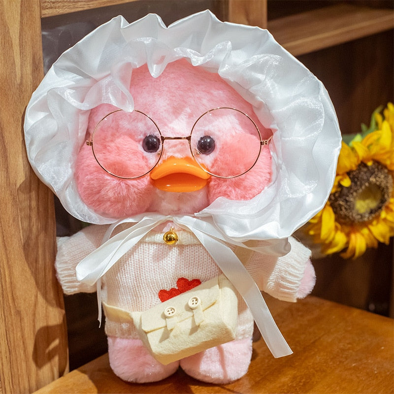 Pato Lalafanfan Rosa Paper Duck de pelúcia com roupas e acessórios Con
