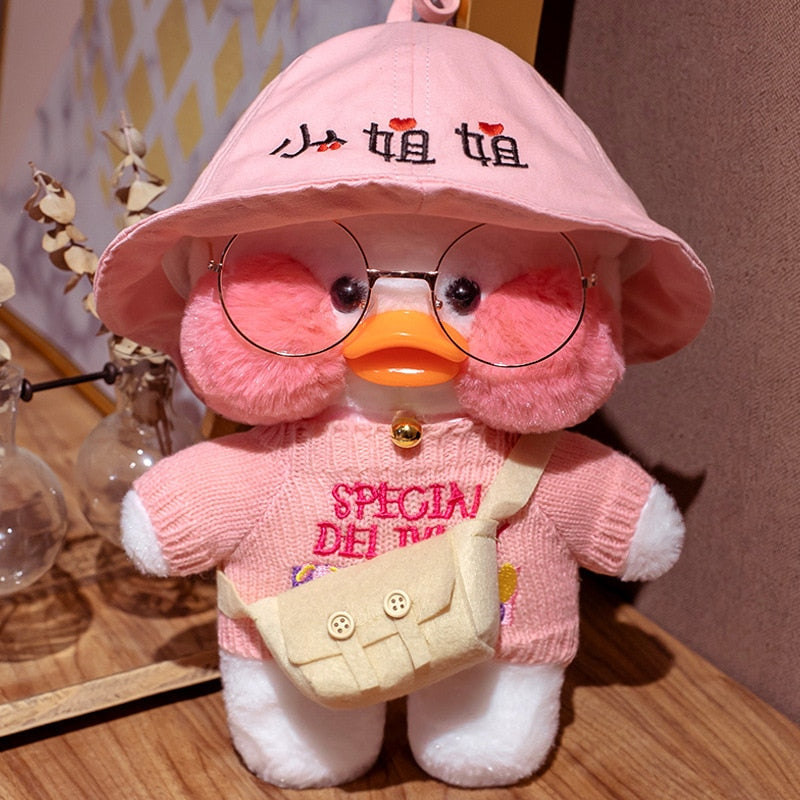 Pato Lalafanfan Branco Paper Duck de pelúcia com roupas e acessórios Conjunto chapéu rosa - Pronta entrega