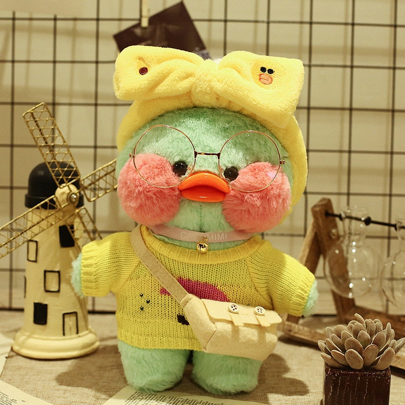 Pato Lalafanfan Verde Paper Duck de pelúcia com roupas e acessórios Conjunto amarelo pato