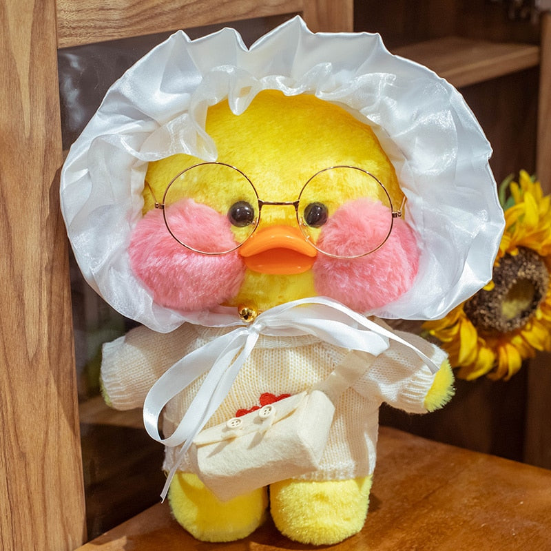 Pato Lalafanfan Cinza Paper Duck de pelúcia com roupas e acessórios Co