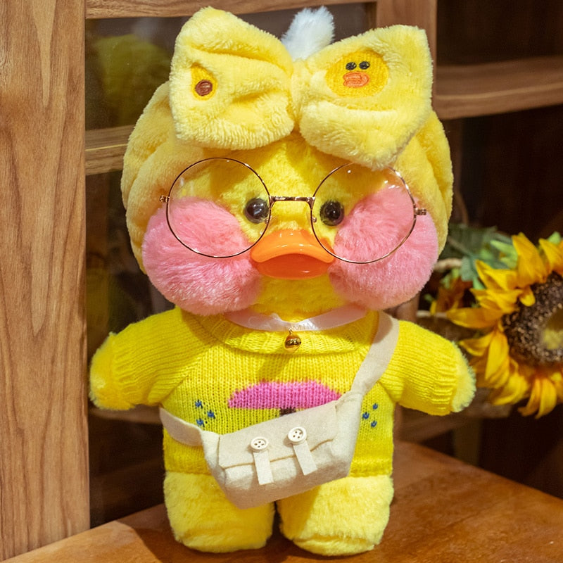 Pato Lalafanfan Amarelo Paper Duck de pelúcia com roupas e acessórios Conjunto amarelo pato