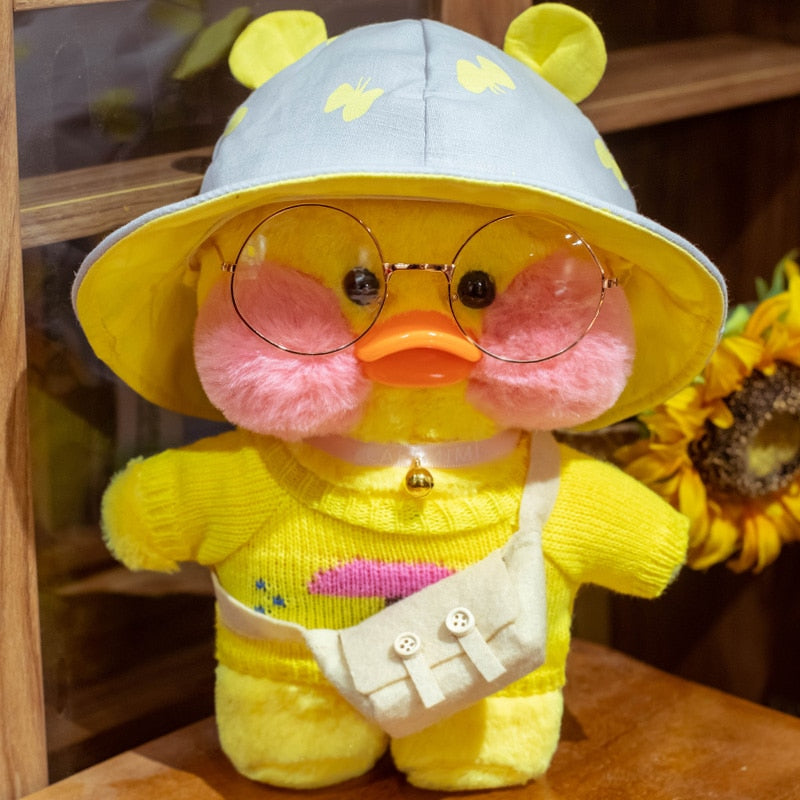 Pato Lalafanfan Amarelo Paper Duck de pelúcia com roupas e acessórios Conjunto amarelo de chuva com chapéu
