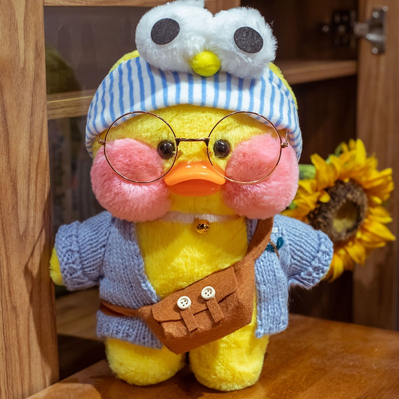 Pato Lalafanfan Amarelo Paper Duck de pelúcia com roupas e acessórios Conjunto azul com olhos