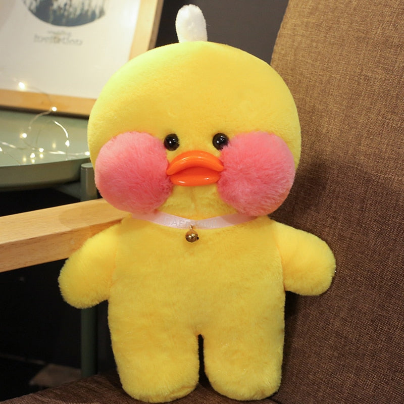 Pato Lalafanfan Amarelo Paper Duck de pelúcia com roupas e acessórios Conjunto rosa e coração