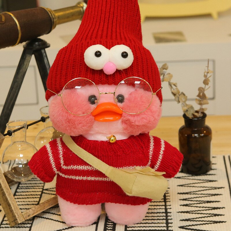 Pato Lalafanfan Rosa Paper Duck de pelúcia com roupas e acessórios Conjunto vermelho com olhos