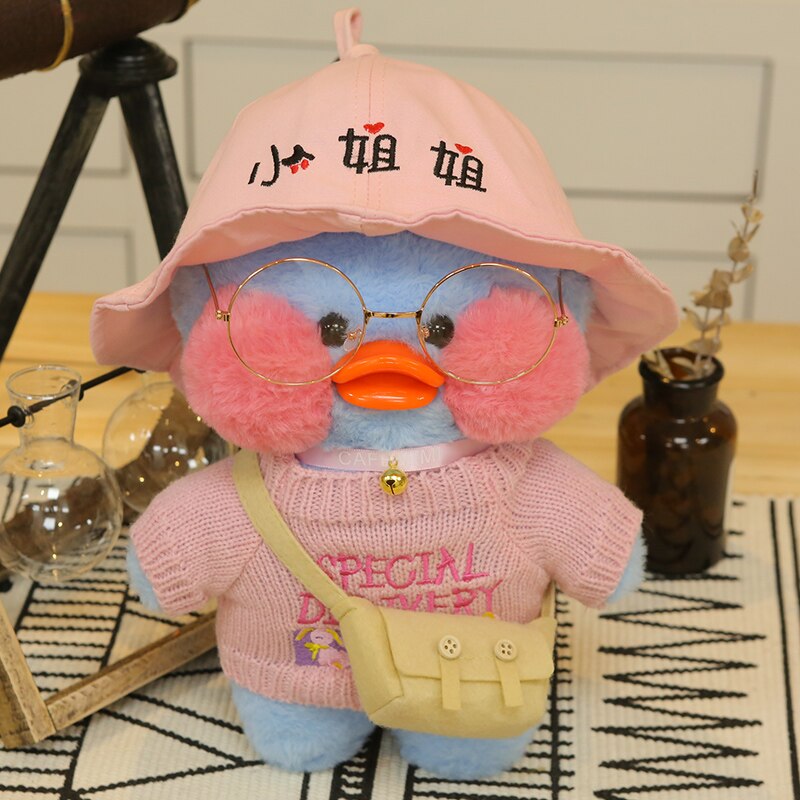 Pato Lalafanfan Azul Paper Duck de pelúcia com roupas e acessórios Conjunto chapéu rosa