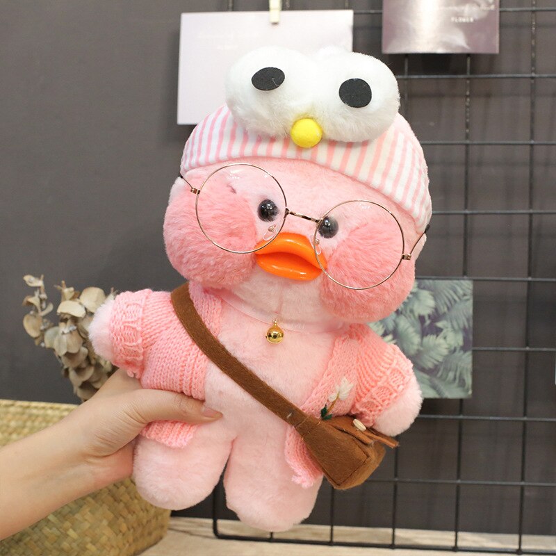 Pato Lalafanfan Rosa Paper Duck de pelúcia com roupas e acessórios Conjunto rosa com olhos