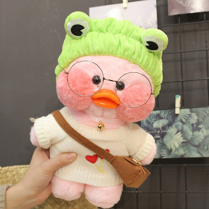 Pato Lalafanfan Rosa Paper Duck de pelúcia com roupas e acessórios Conjunto sapo