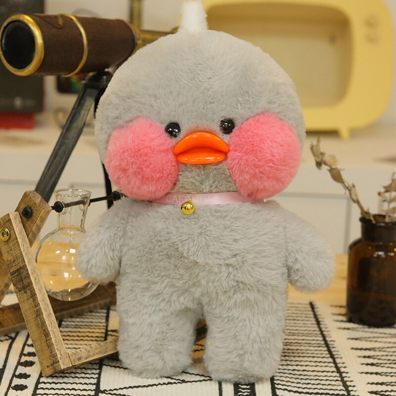 Pato Lalafanfan Cinza Paper Duck de pelúcia com roupas e acessórios Conjunto rosa com olhos