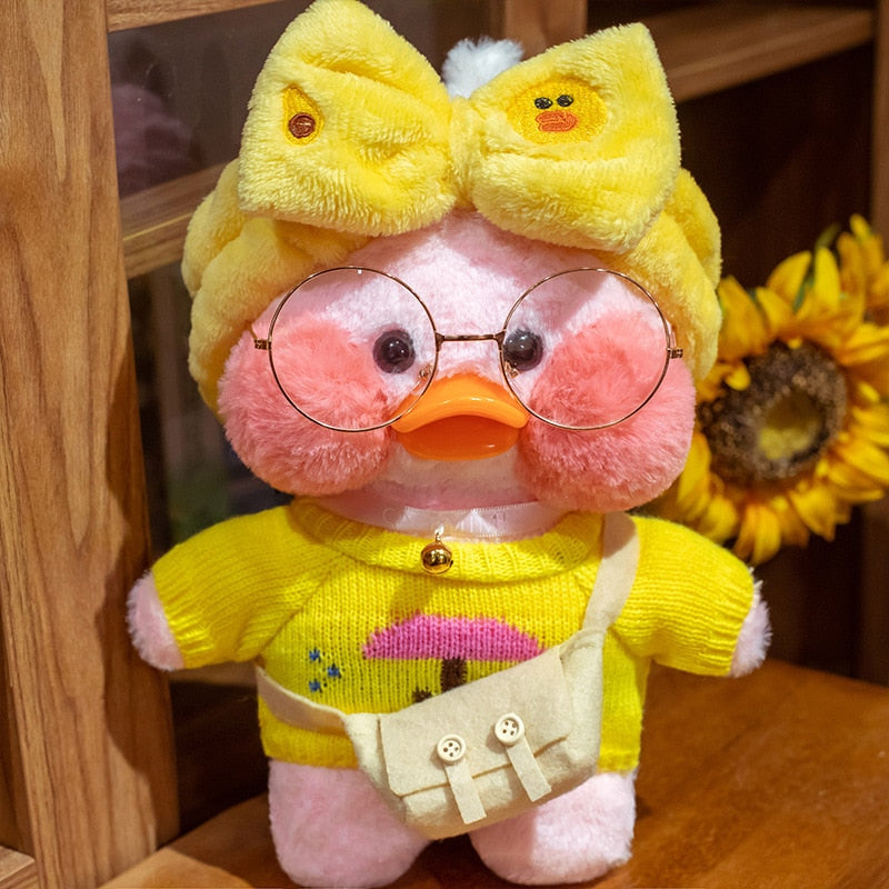 Pato Lalafanfan Rosa Paper Duck de pelúcia com roupas e acessórios Conjunto pato amarelo