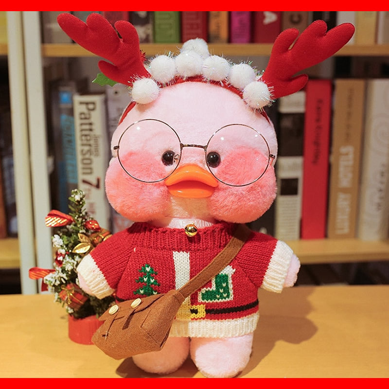 Pato Lalafanfan Rosa Paper Duck de pelúcia com roupas e acessórios Conjunto rena vermelha