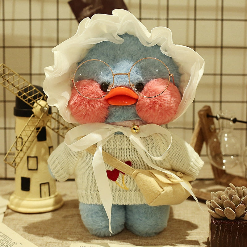 Pato Lalafanfan Azul Paper Duck de pelúcia com roupas e acessórios Conjunto sou um bebê