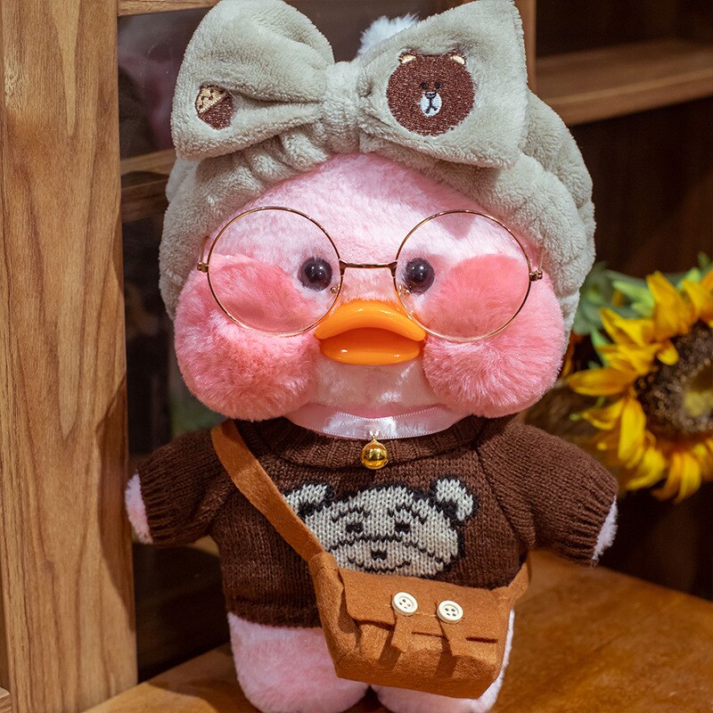 Pato Lalafanfan Rosa Paper Duck de pelúcia com roupas e acessórios Conjunto urso