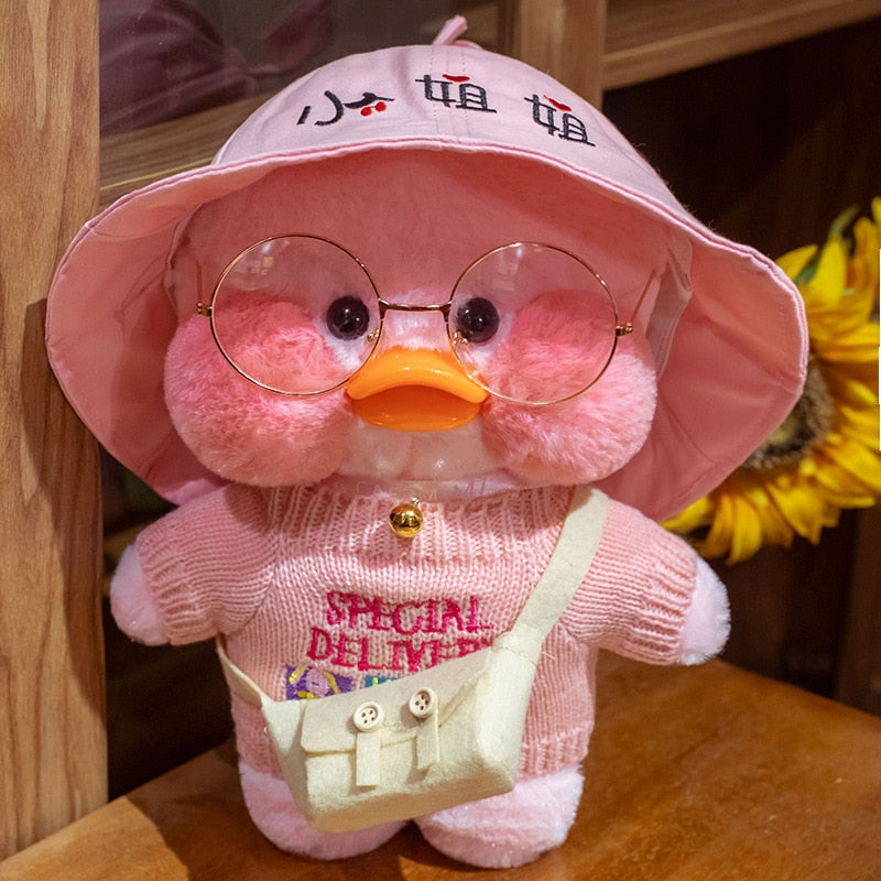 Pato Lalafanfan Rosa Paper Duck de pelúcia com roupas e acessórios Conjunto rosa dia de chuva