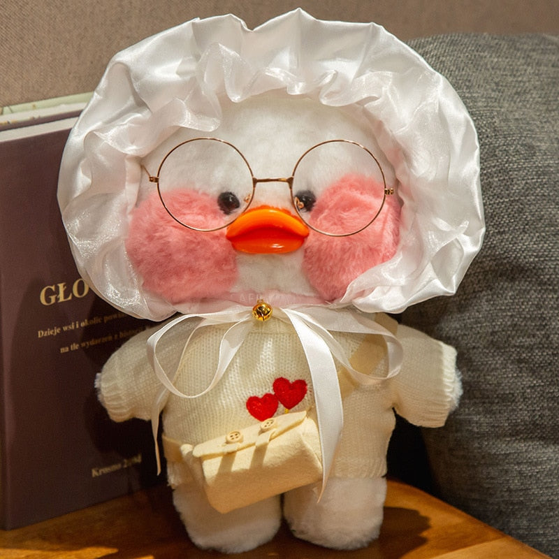 Pato Lalafanfan Branco Paper Duck de pelúcia com roupas e acessórios C
