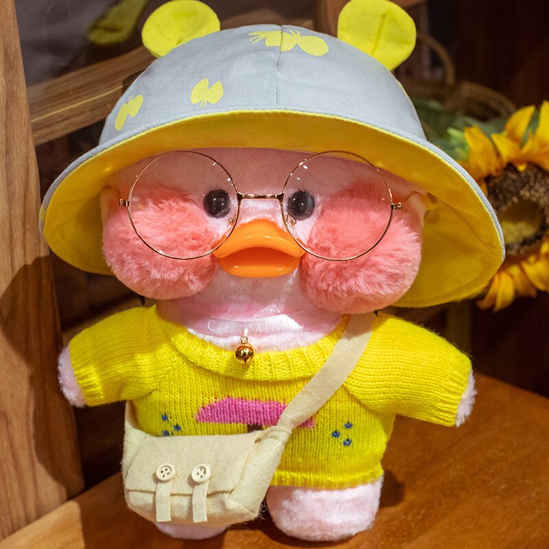 Pato Lalafanfan Rosa Paper Duck de pelúcia com roupas e acessórios Conjunto amarelo dia de chuva