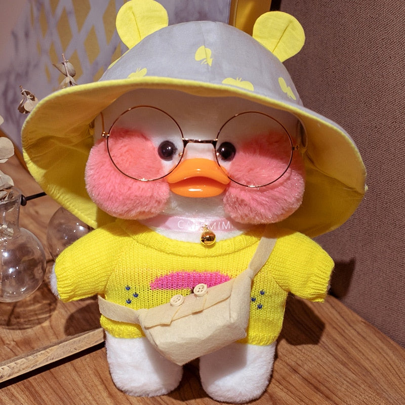 Pato Lalafanfan Branco Paper Duck de pelúcia com roupas e acessórios Conjunto chuva com chapéu