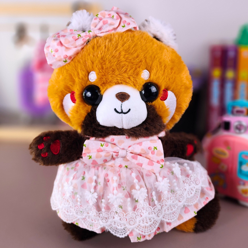 Panda Vermelho Lalafanfan 27cm de pelúcia Vestido corações - Pronta entrega