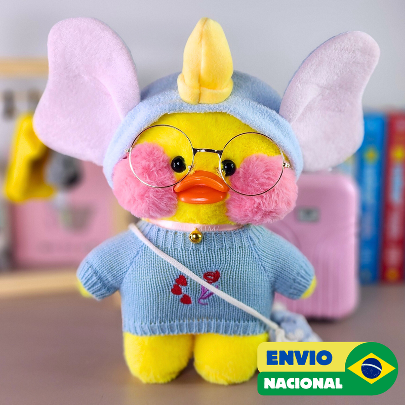 Paper Duck Pato Lalafanfan Amarelo de pelúcia com roupas e acessórios blusão azul claro com faixa elefante - Pronta Entrega