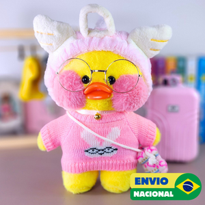 Paper Duck Pato Lalafanfan Amarelo de pelúcia com roupas e acessórios blusão coelho com faixa sakura - Pronta entrega