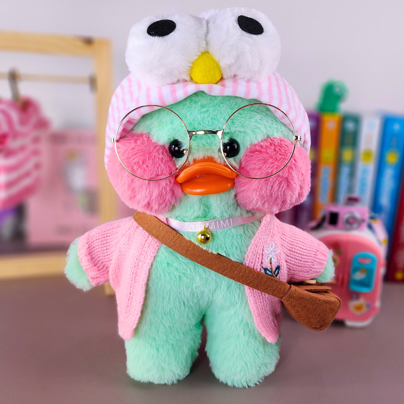 Pato Lalafanfan Verde Paper Duck de pelúcia com roupas e acessórios casaco rosa com faixa zoiuda