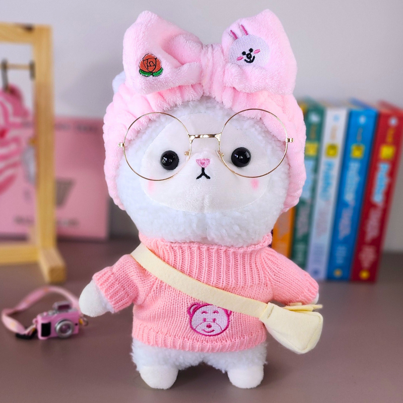 Alpaca Lalafanfan de pelúcia 30cm com roupas e acessórios Conjunto rosa coelho