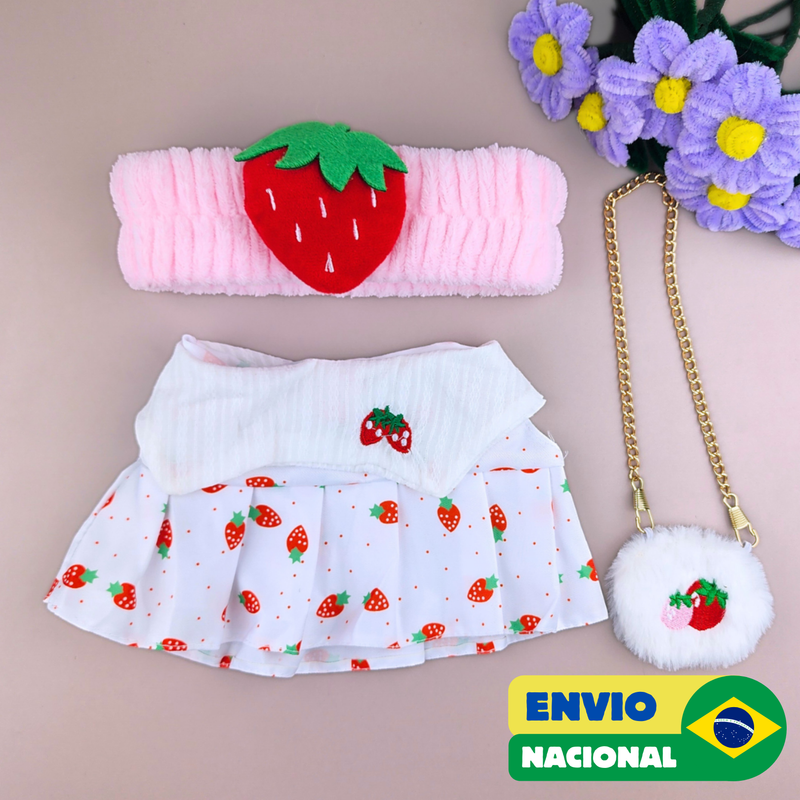 Roupa para Paper Duck Lalafanfan vestido morangos com faixa morango - Pronta Entrega