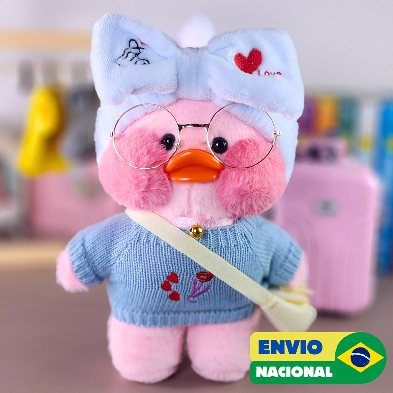 Paper Duck Pato Lalafanfan Rosa de pelúcia com roupas e acessórios blusão azul claro - Pronta entrega