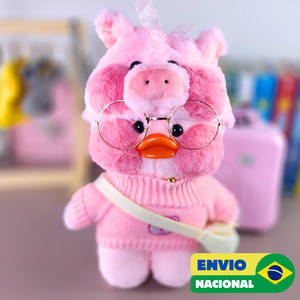 Paper Duck Pato Lalafanfan Rosa de pelúcia com roupas e acessórios blusão rosa urso com touca pig - Pronta Entrega