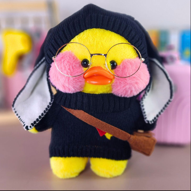 Paper Duck Pato Lalafanfan Amarelo de pelúcia blusão preto com touca orelhuda preta - Pronta Entrega