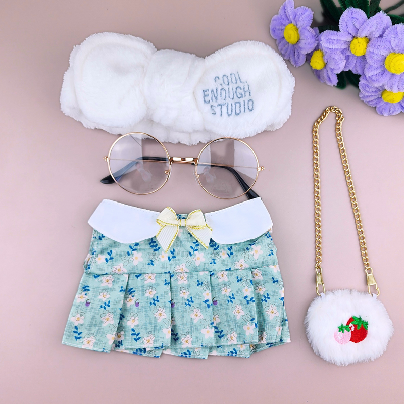 Roupa para Paper Duck Lalafanfan vestido floral verde com faixa branca cool e óculos