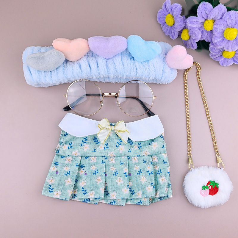 Roupa para Paper Duck Lalafanfan vestido floral verde com faixa corações e óculos