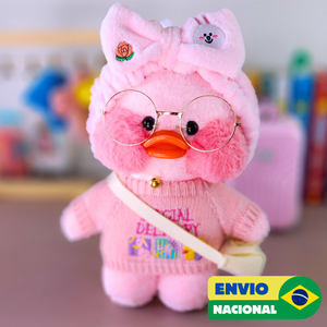 Paper Duck Pato Lalafanfan Rosa de pelúcia com roupas e acessórios blusão special delivery com faixa coelho - Pronta Entrega