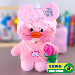 Paper Duck Pato Lalafanfan Rosa de pelúcia com roupas e acessórios blusão rosa urso com faixa cool - Pronta entrega