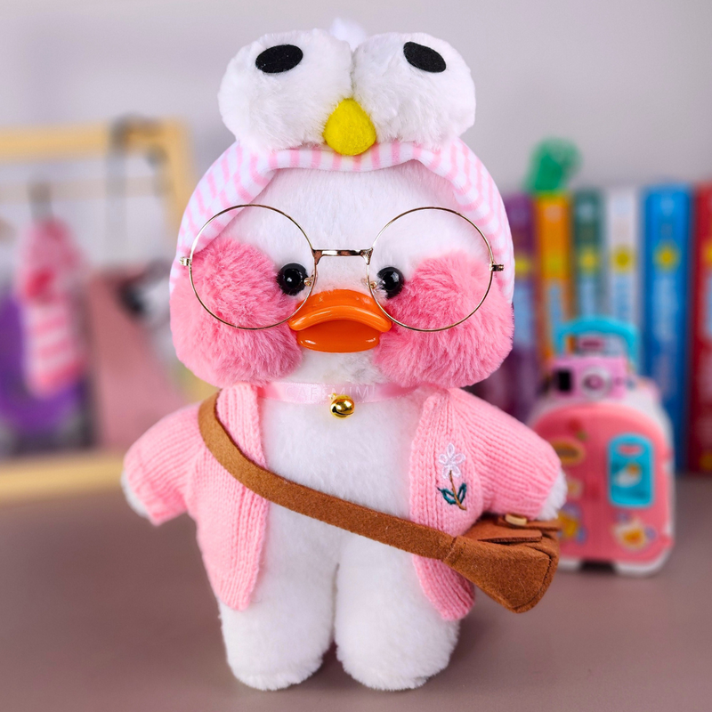 Paper Duck Pato Lalafanfan Branco de pelúcia com roupas e acessórios casaco rosa com faixa zoiuda