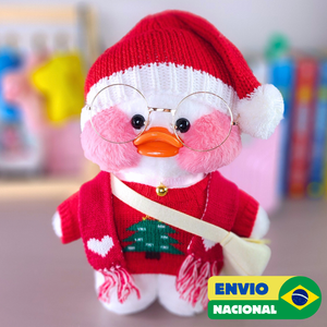 Paper Duck Pato Lalafanfan Branco de pelúcia com roupas e acessórios blusão pinheiro com touca de Natal - Pronta entrega