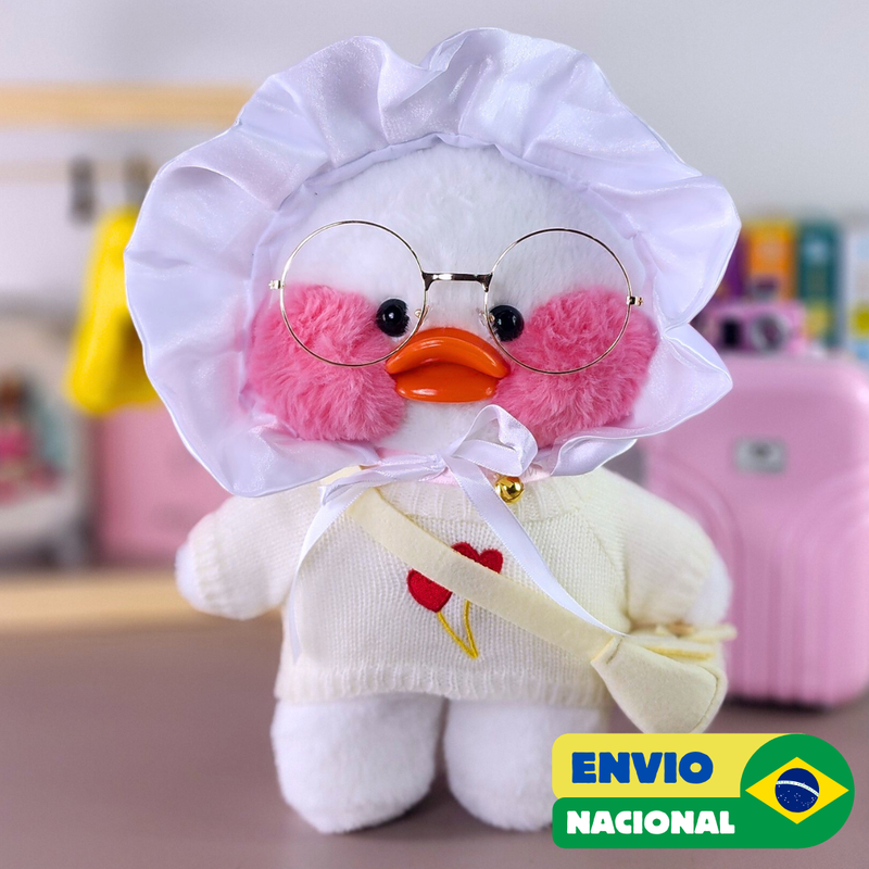 Paper Duck Pato Lalafanfan de pelúcia Baby duck com blusão branco corações e touca bebê - Pronta entrega