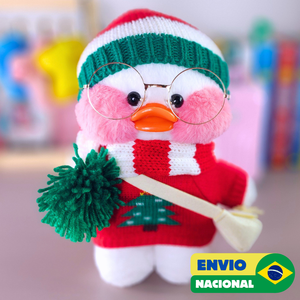 Paper Duck Pato Lalafanfan Branco de pelúcia com roupas e acessórios blusão árvore de natal com touca comprida - Pronta Entrega