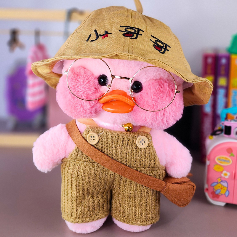 Pato Lalafanfan Rosa Paper Duck de pelúcia com roupas e acessórios macacão marrom com chapéu