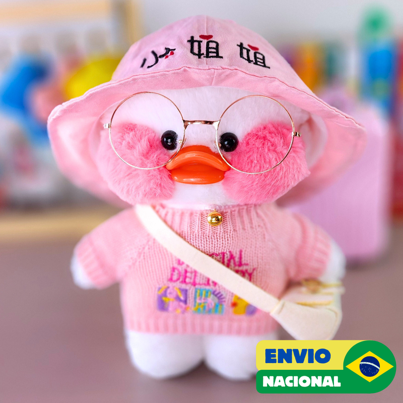 Paper Duck Pato Lalafanfan Branco de pelúcia com roupas e acessórios blusão special delivery com chapéu - Pronta entrega