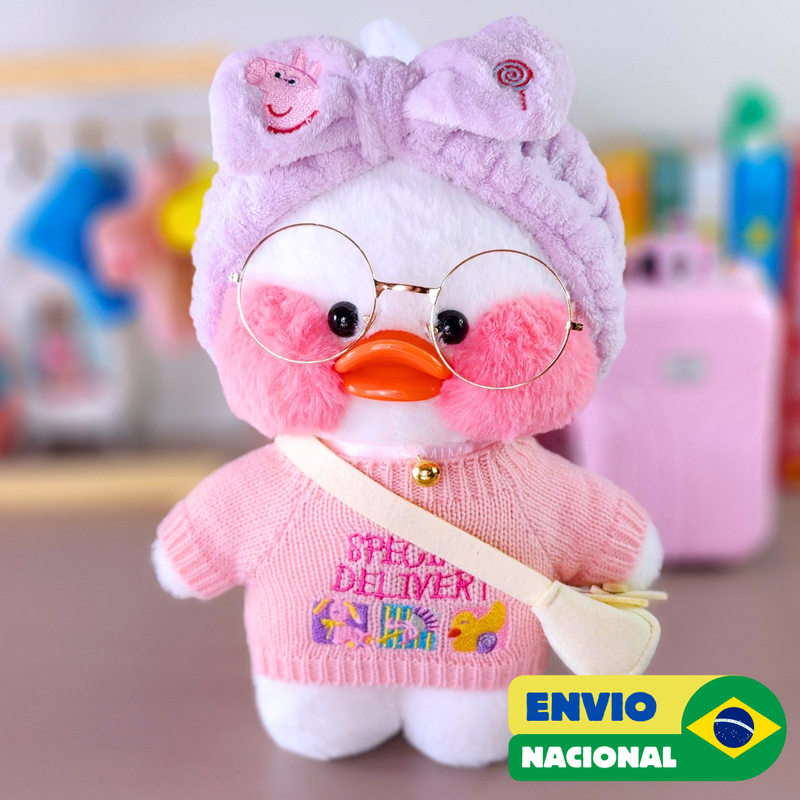 Paper Duck Pato Lalafanfan Branco de pelúcia com roupas e acessórios blusão special delivery com faixa peppa - Pronta entrega