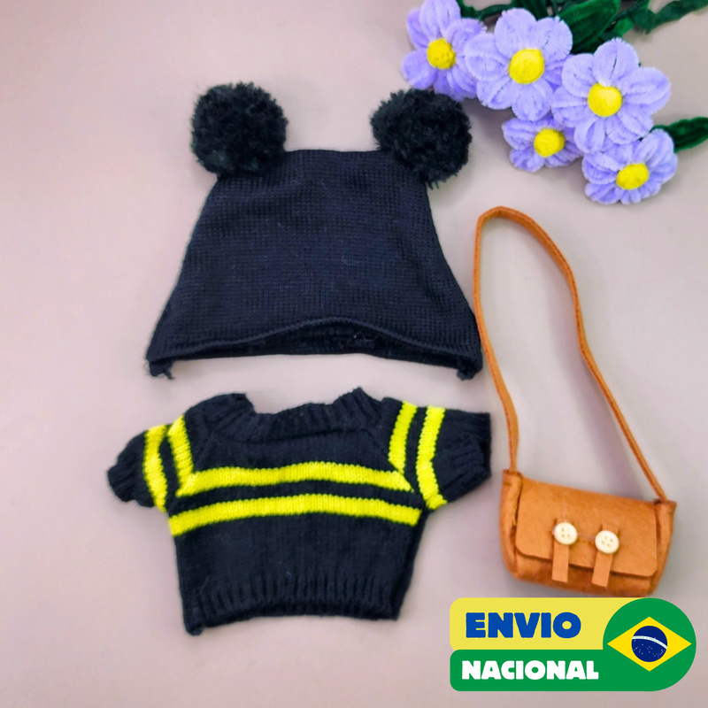 Roupa para Paper Duck Lalafanfan blusão preto listrado e touca preta com pompom - Pronta entrega