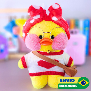 Paper Duck Pato Lalafanfan Amarelo de pelúcia com roupas e acessórios blusão coração vermelho com faixa laço - Pronta entrega