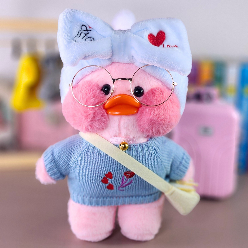 Paper Duck Pato Lalafanfan Rosa de pelúcia com roupas e acessórios blusão azul claro com faixa coração coreano