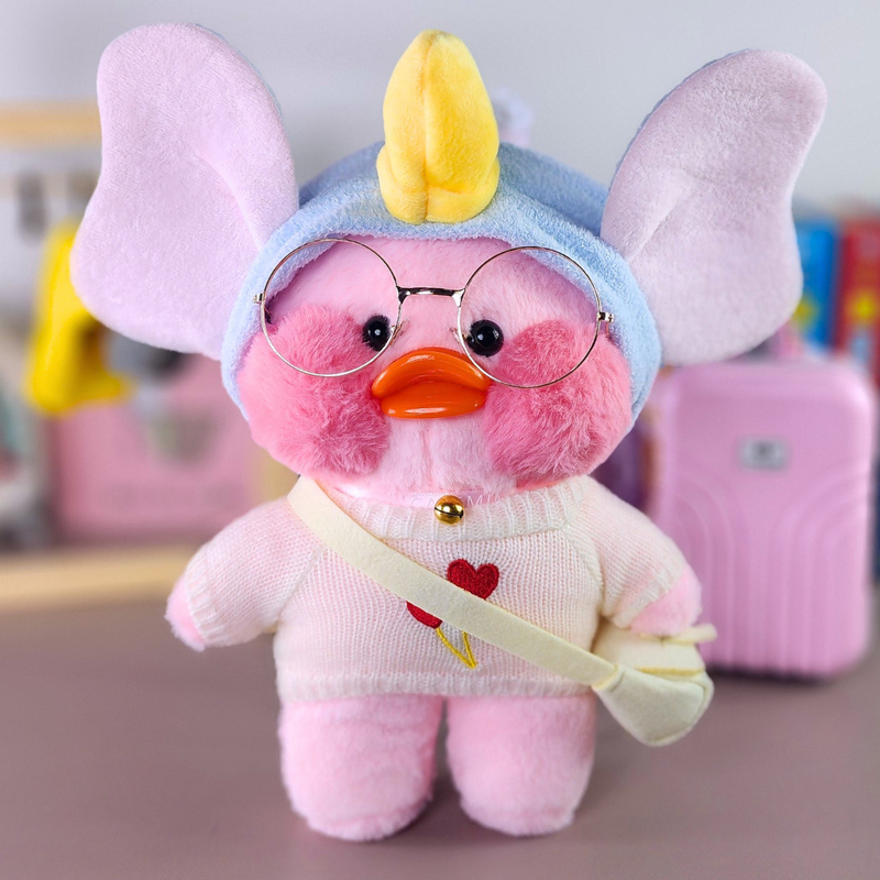 Pato Lalafanfan Rosa Paper Duck de pelúcia com roupas e acessórios blusão branco corações com faixa elefante