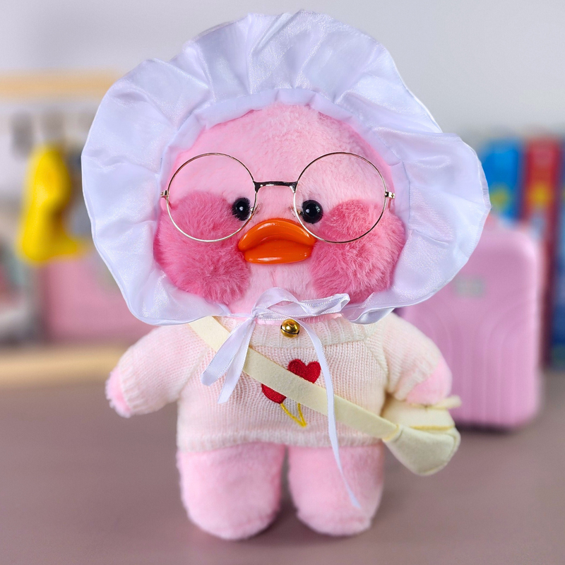 Pato Lalafanfan Rosa Paper Duck de pelúcia com roupas e acessórios blusão branco corações com touca bebê