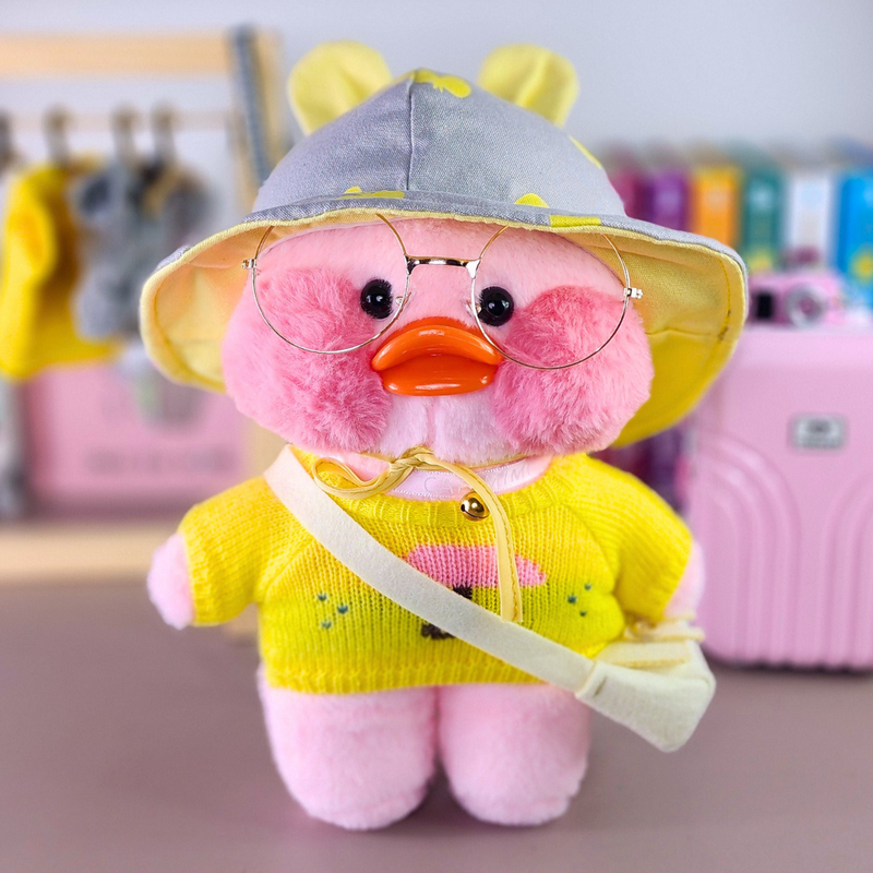 Pato Lalafanfan Rosa Paper Duck de pelúcia com roupas e acessórios blusão guarda-chuva com chapéu