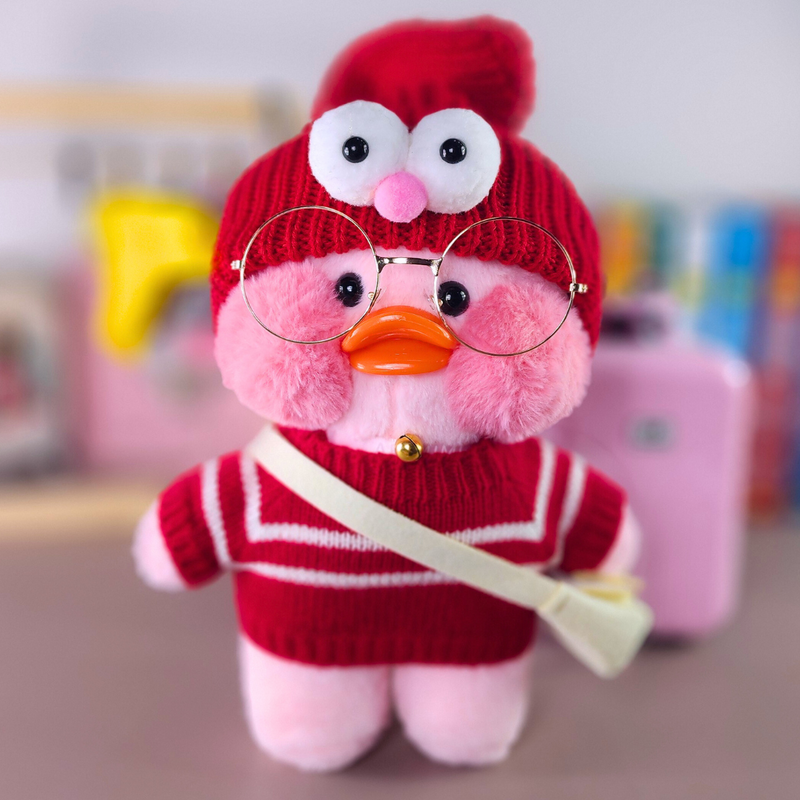 Pato Lalafanfan Rosa Paper Duck de pelúcia com roupas e acessórios blusão listrado vermelho com touca zoiuda